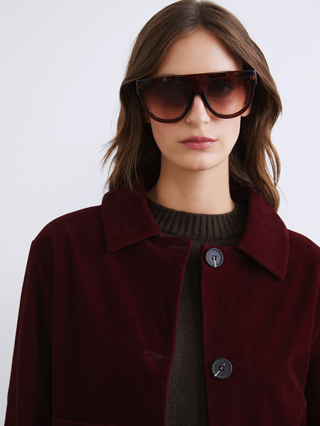 Bordo Gömlek Yaka Kadın Süet Görünümlü Ceket-2