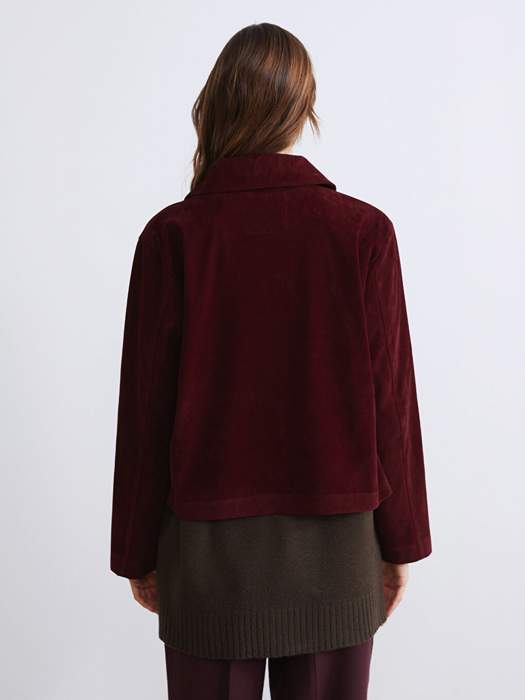 Bordo Gömlek Yaka Kadın Süet Görünümlü Ceket-4