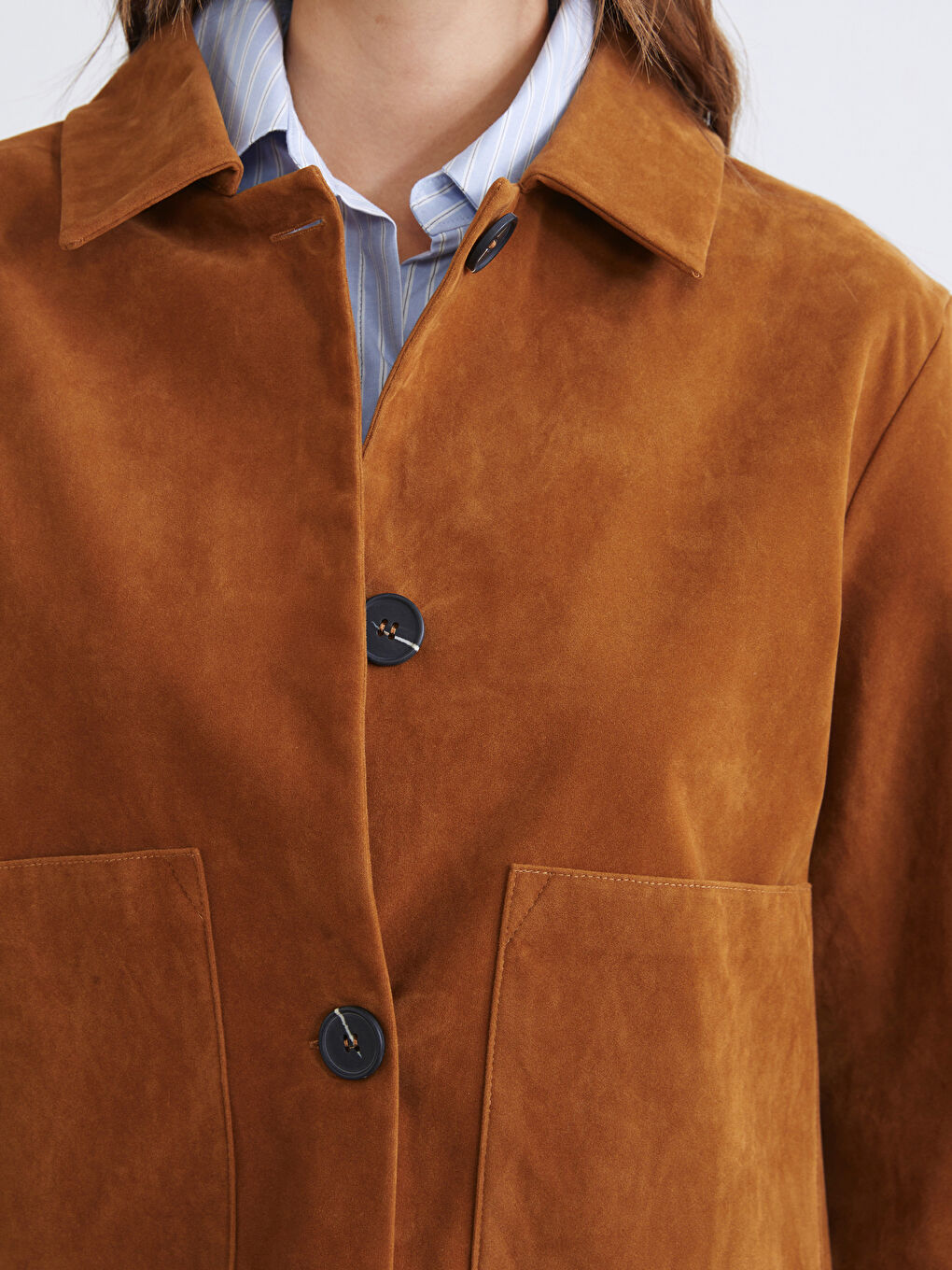 Bej Gömlek Yaka Kadın Süet Görünümlü Ceket-2