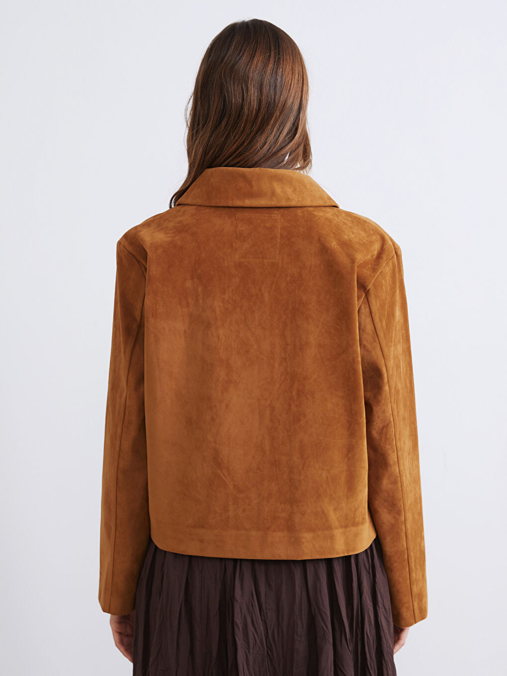 Bej Gömlek Yaka Kadın Süet Görünümlü Ceket-4