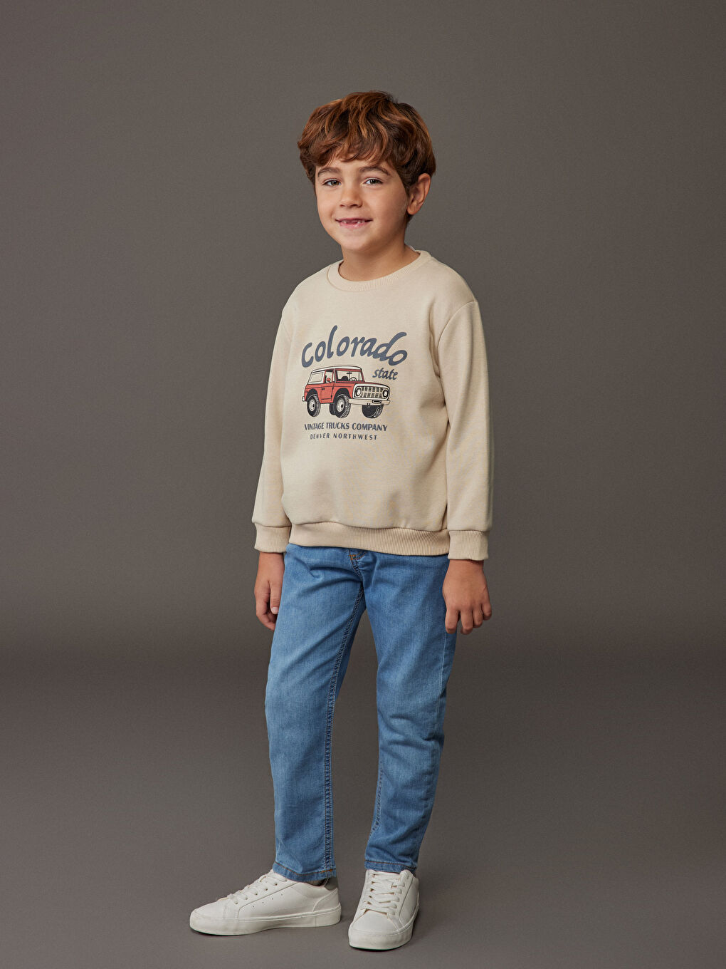 Bej Baskılı Erkek Çocuk Kalın Sweatshirt 2'li-1