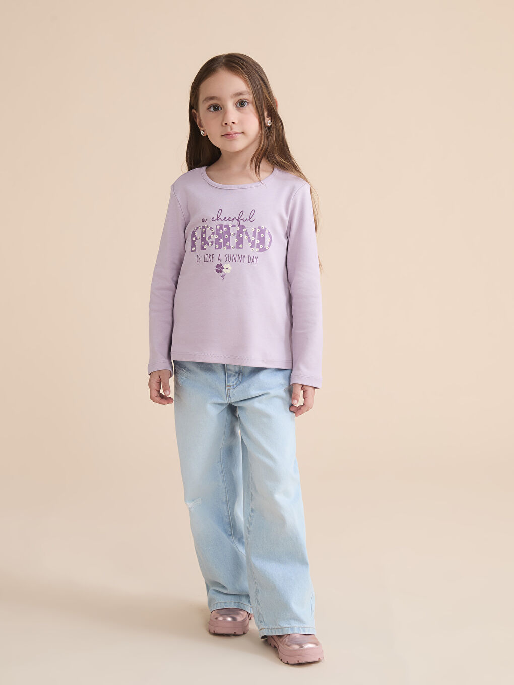 Lila Bisiklet Yaka Baskılı Kız Çocuk Tişört-1