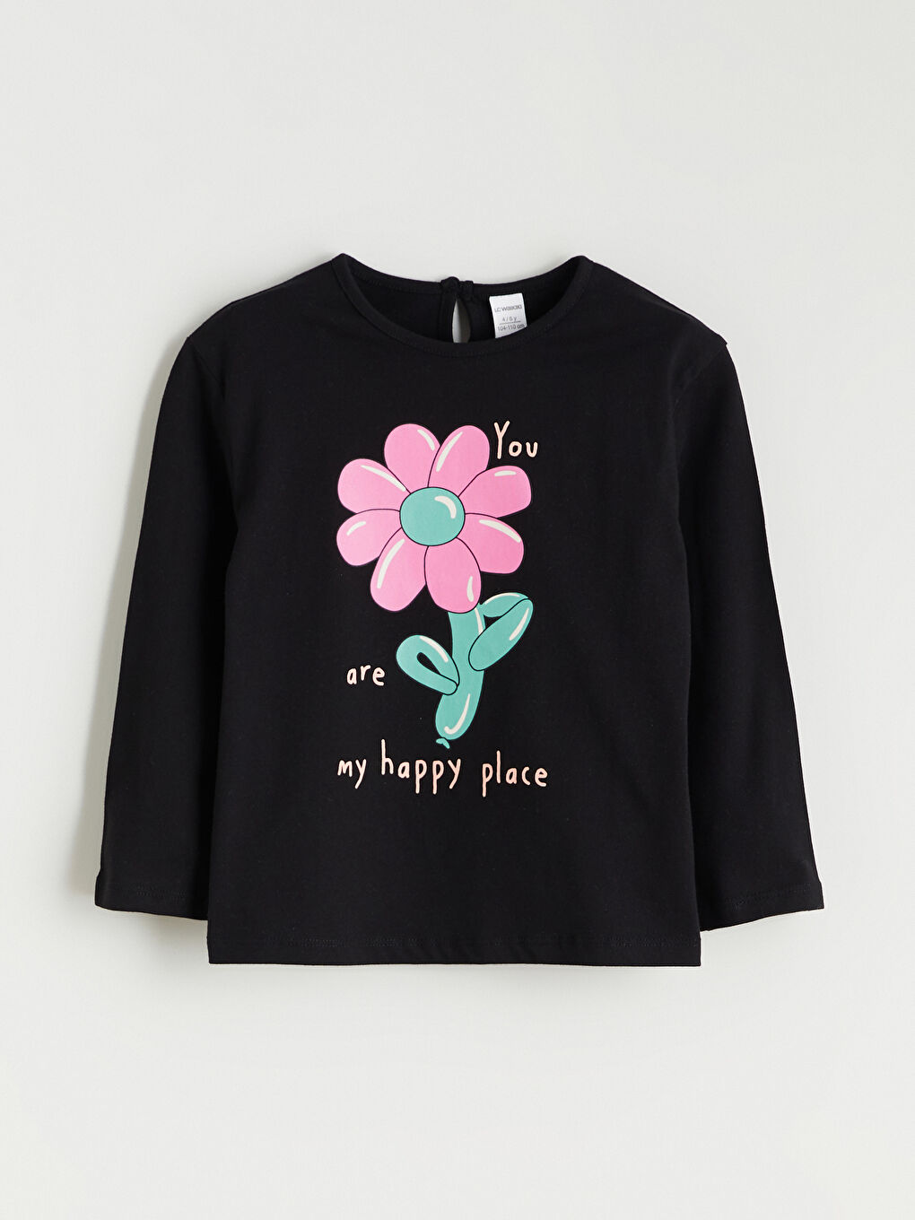 Siyah Bisiklet Yaka Çiçekli Kız Çocuk Tişört-2