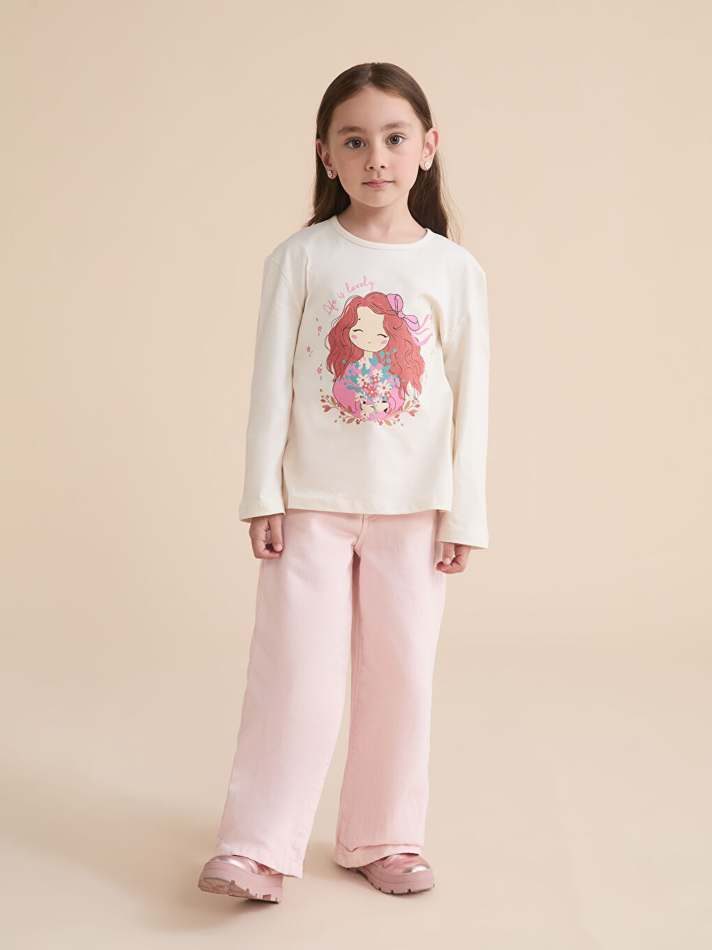 Bej Bisiklet Yaka Kız Çocuk Tişört-1