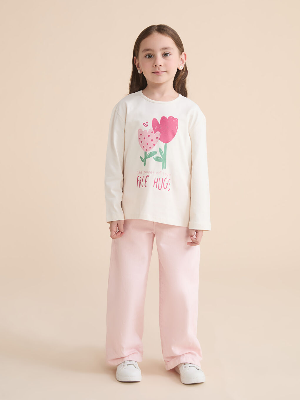 Bej Bisiklet Yaka Kız Çocuk Tişört-1