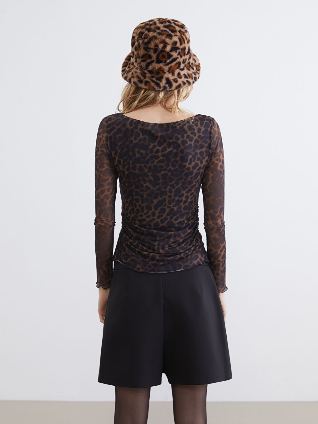 Boat Neck Leopard Print Gathered Blouse-4
