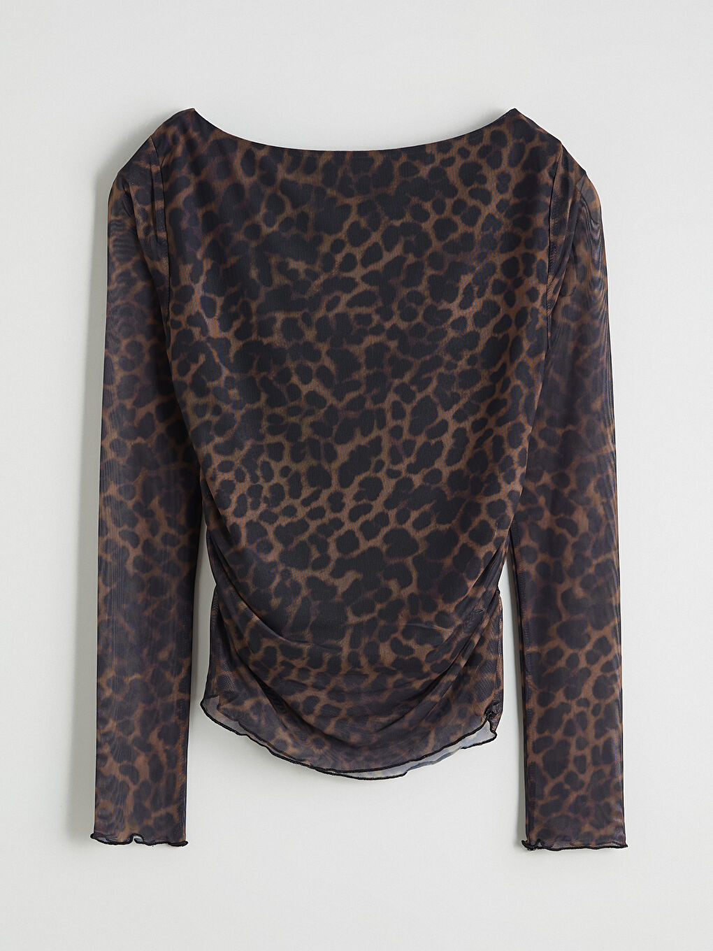 Boat Neck Leopard Print Gathered Blouse-5