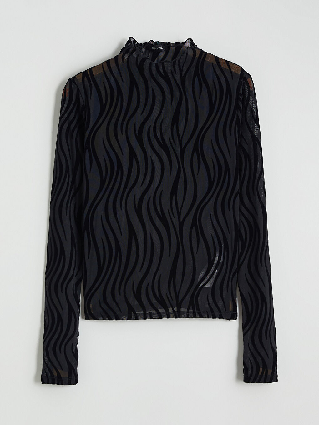 Siyah Dik Yaka Desenli Transparan Bluz-4