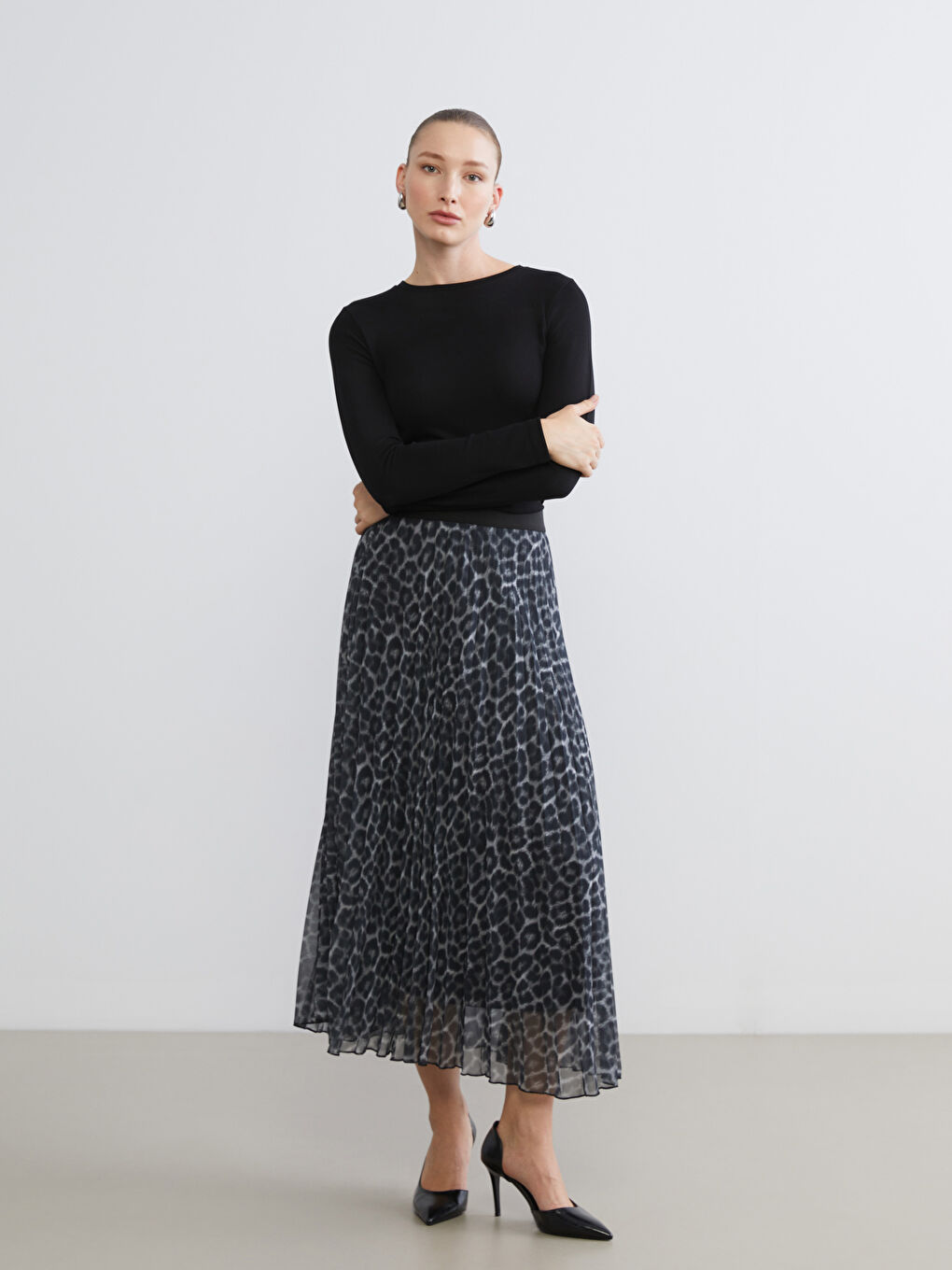 Elasticated Waist Patterned Chiffon Pleated Skirt