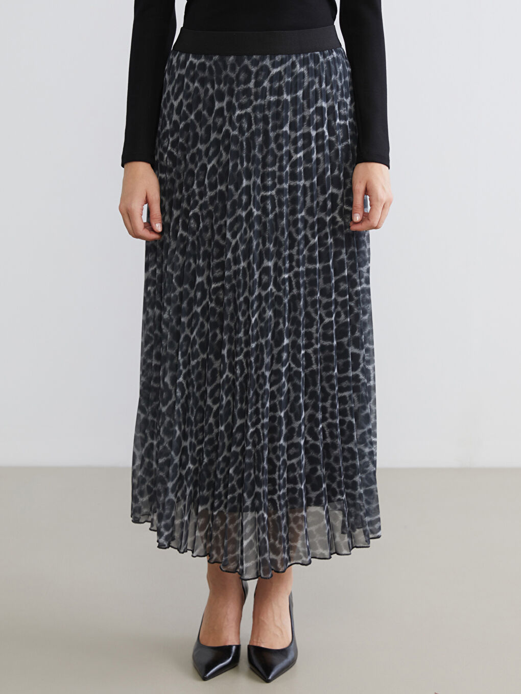 Elasticated Waist Patterned Chiffon Pleated Skirt-1