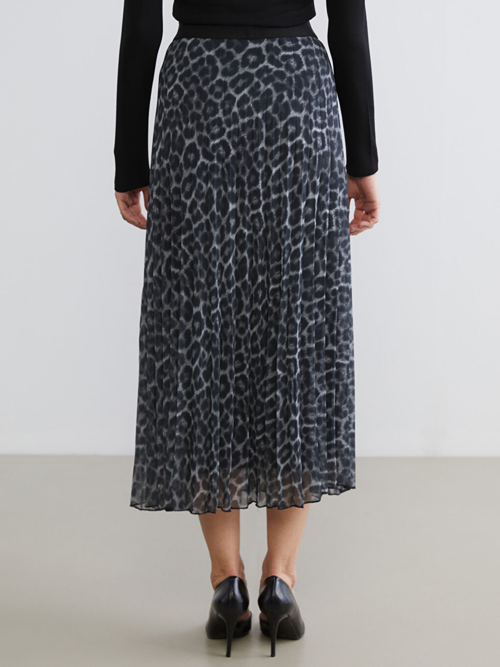 Elasticated Waist Patterned Chiffon Pleated Skirt-3