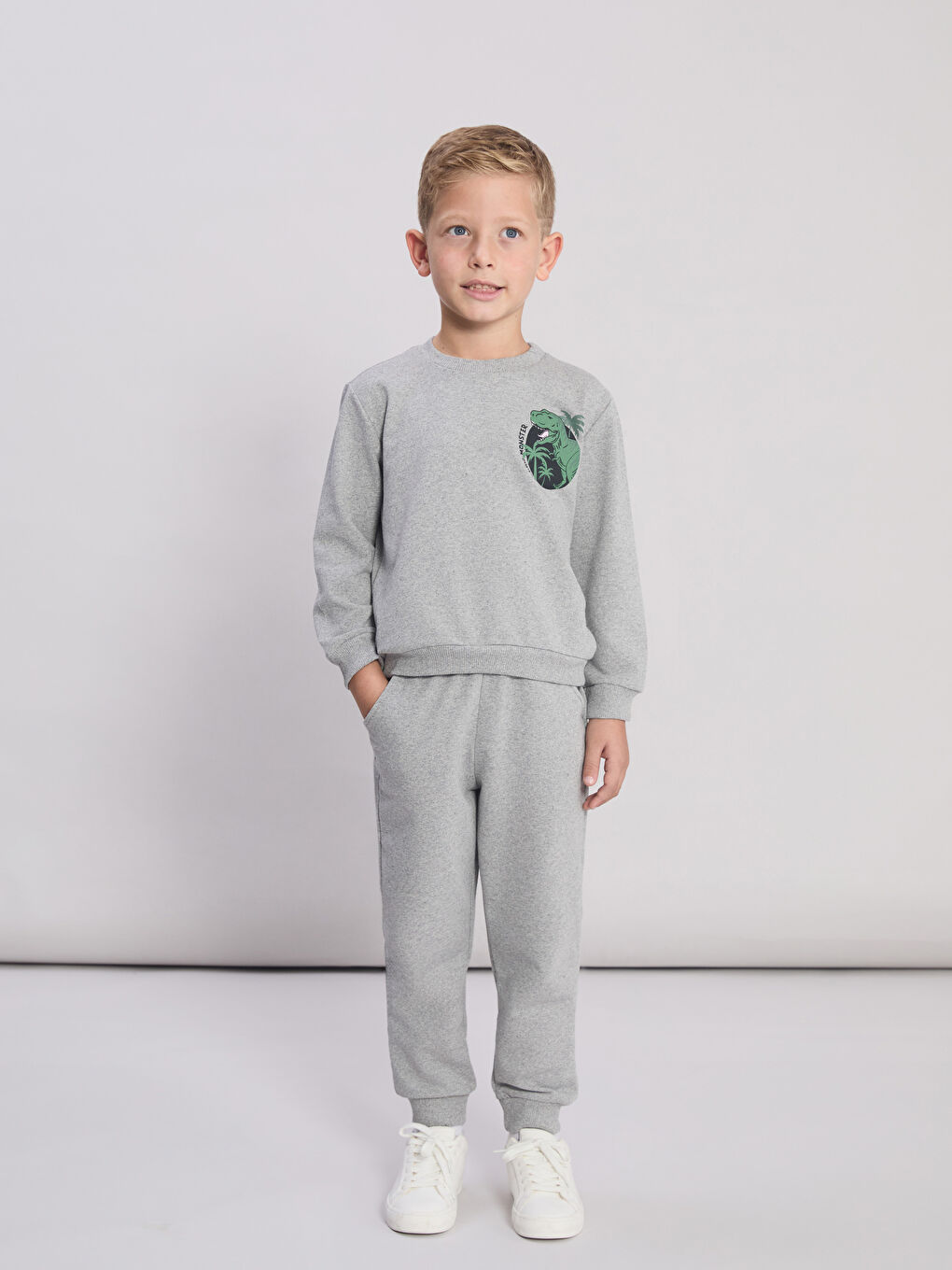 Gri Dinozor Baskılı Erkek Çocuk Sweatshirt ve Eşofman Altı