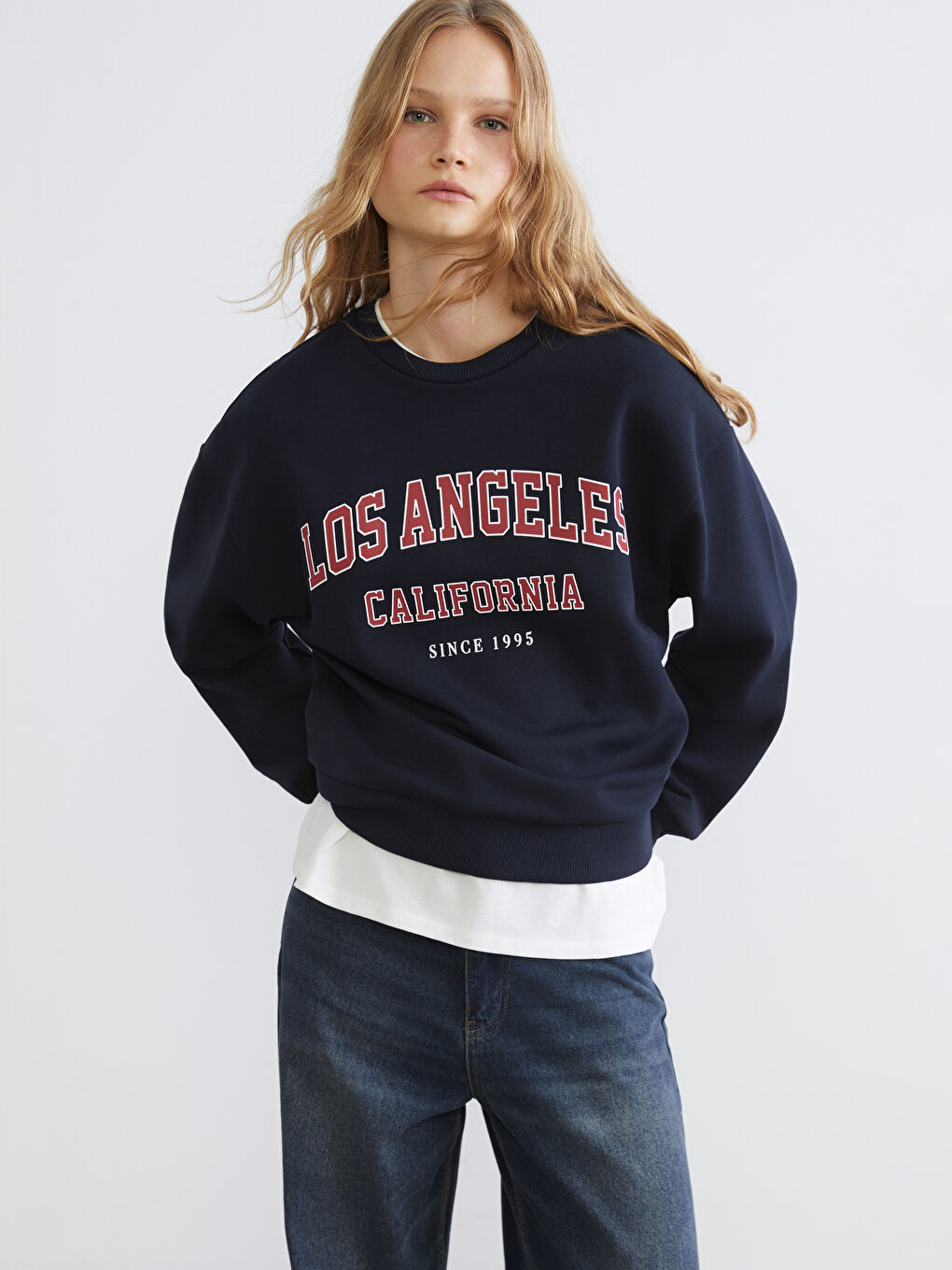 Lacivert Los Angeles Baskılı Kadın Kalın Sweatshirt