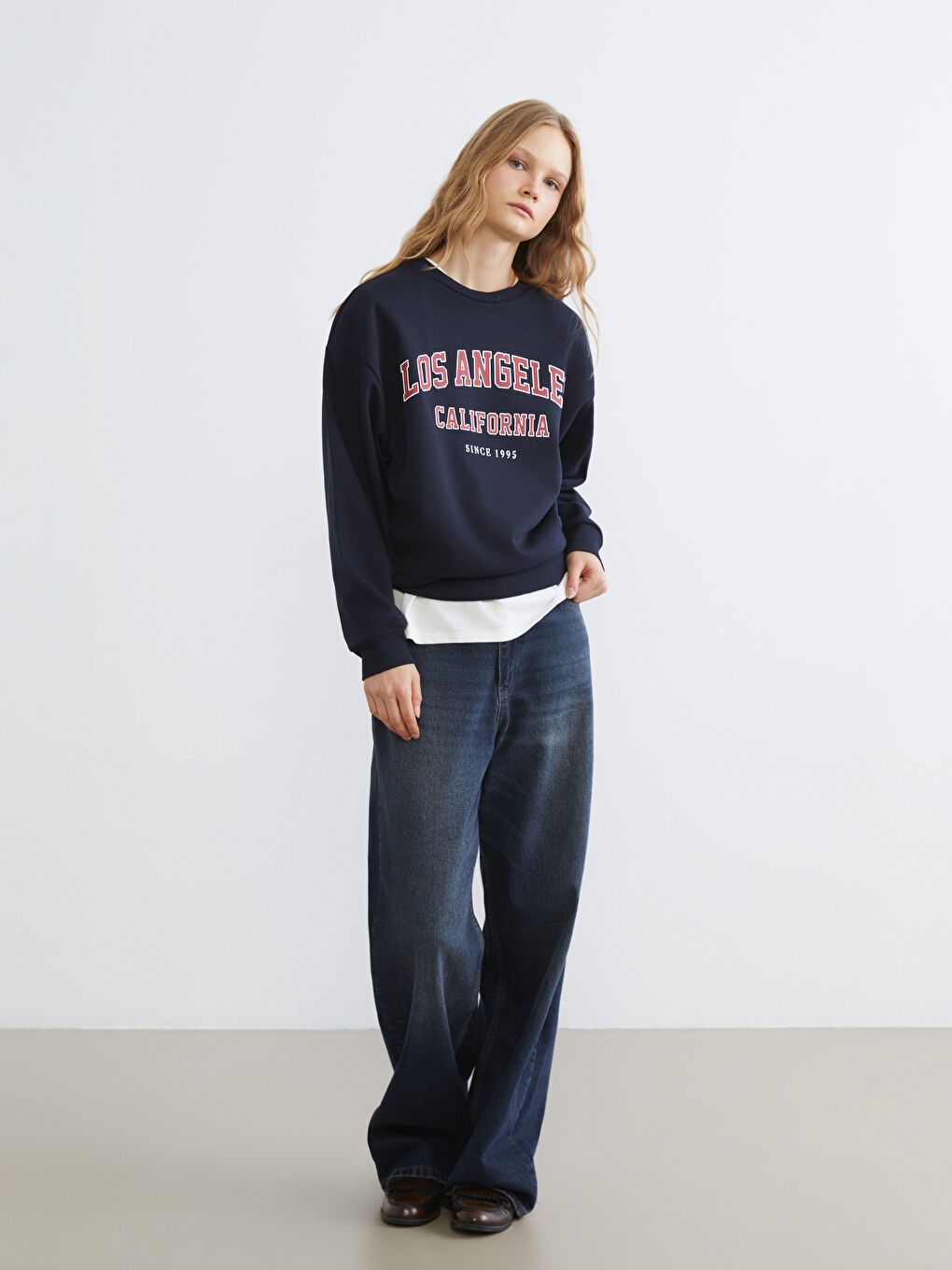 Lacivert Los Angeles Baskılı Kadın Kalın Sweatshirt-1