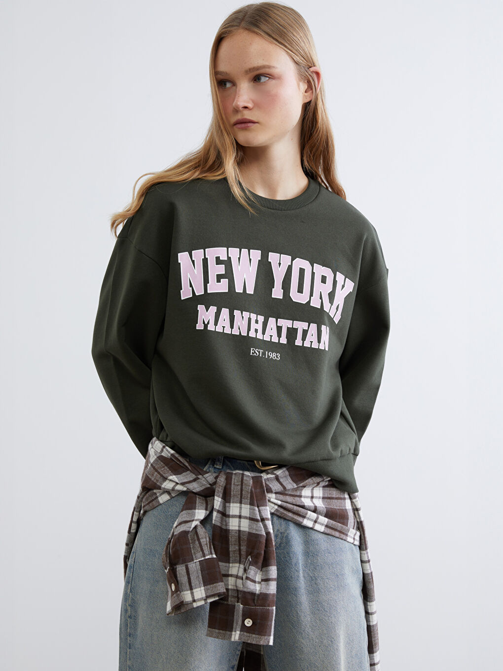 Haki New York Baskılı Oversize Kadın Kalın Sweatshirt