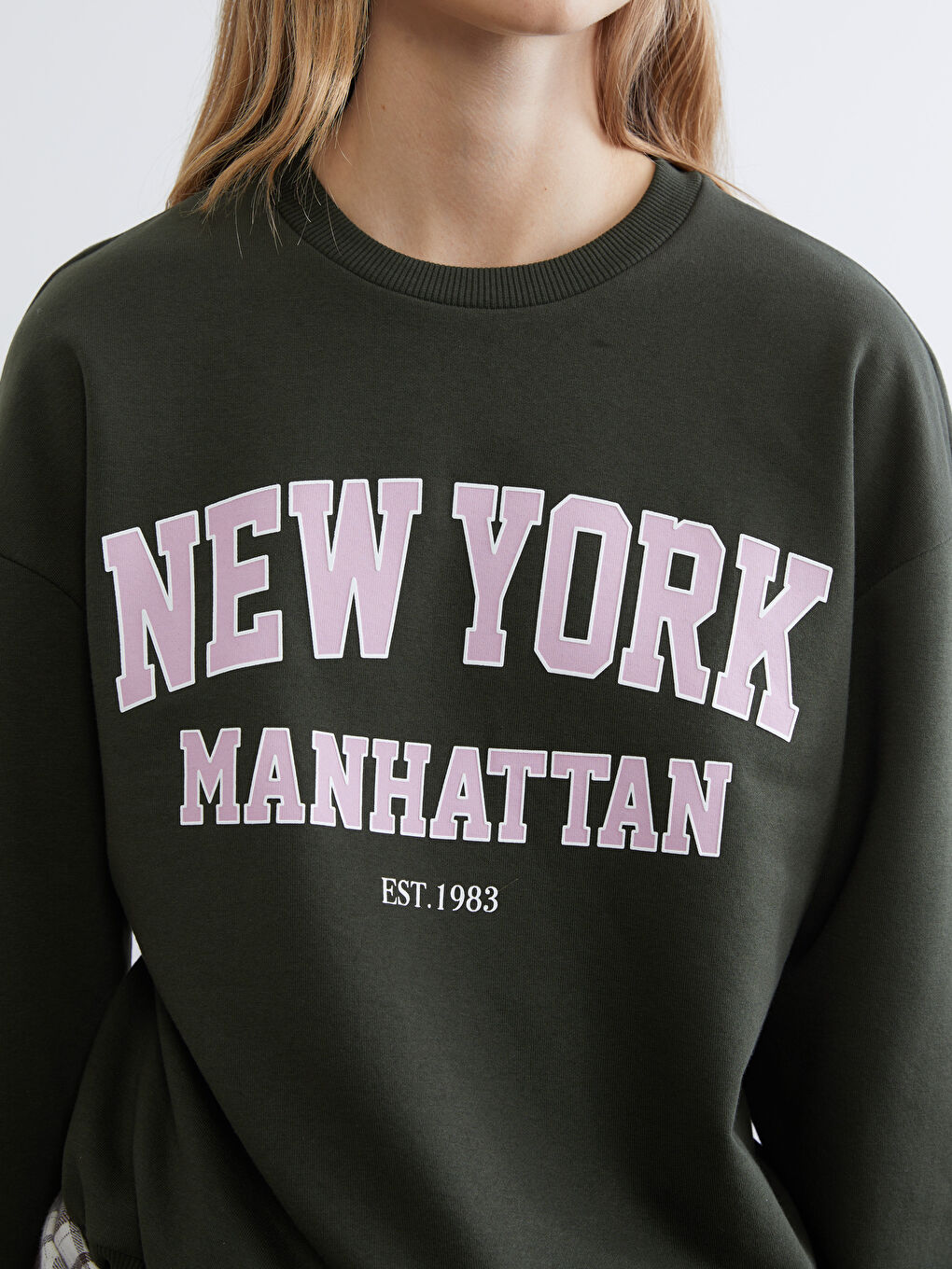 Haki New York Baskılı Oversize Kadın Kalın Sweatshirt-2