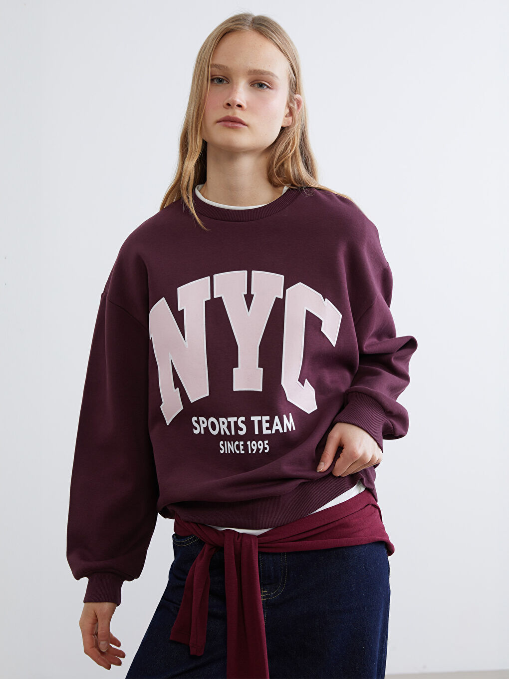 Bordo NYC Baskılı Oversize Kadın Kalın Sweatshirt