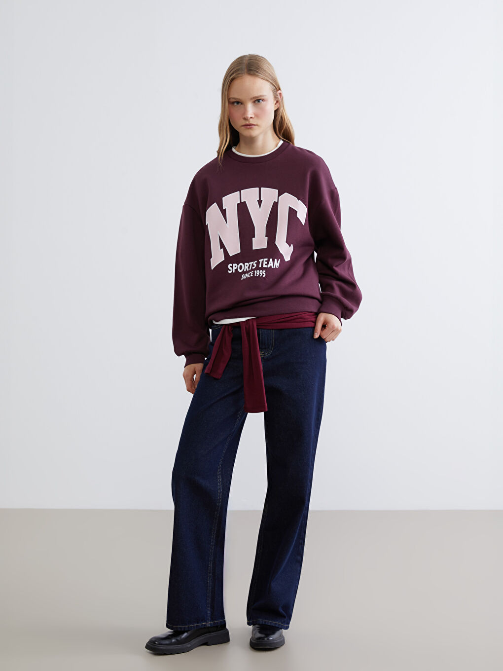 Bordo NYC Baskılı Oversize Kadın Kalın Sweatshirt-1
