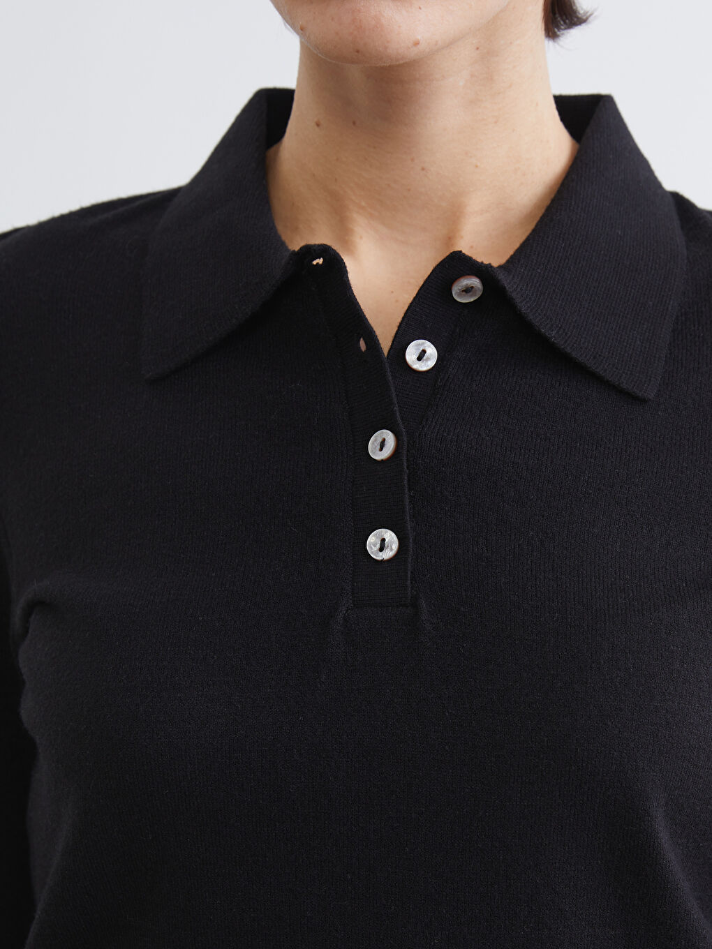 Siyah Polo Yaka Kadın Triko Kazak-2