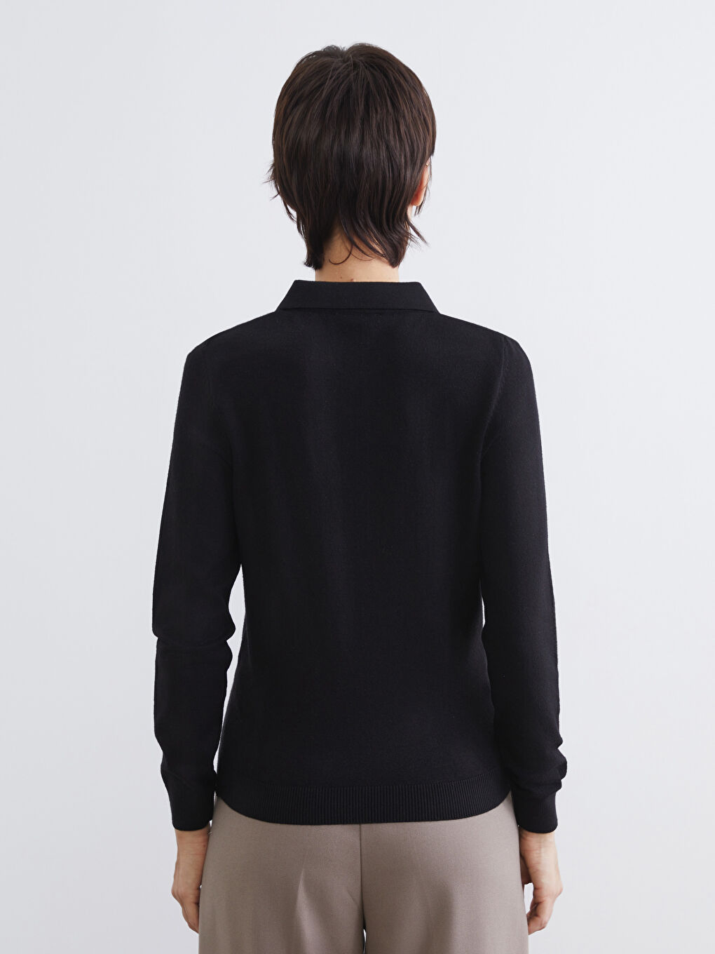 Siyah Polo Yaka Kadın Triko Kazak-3