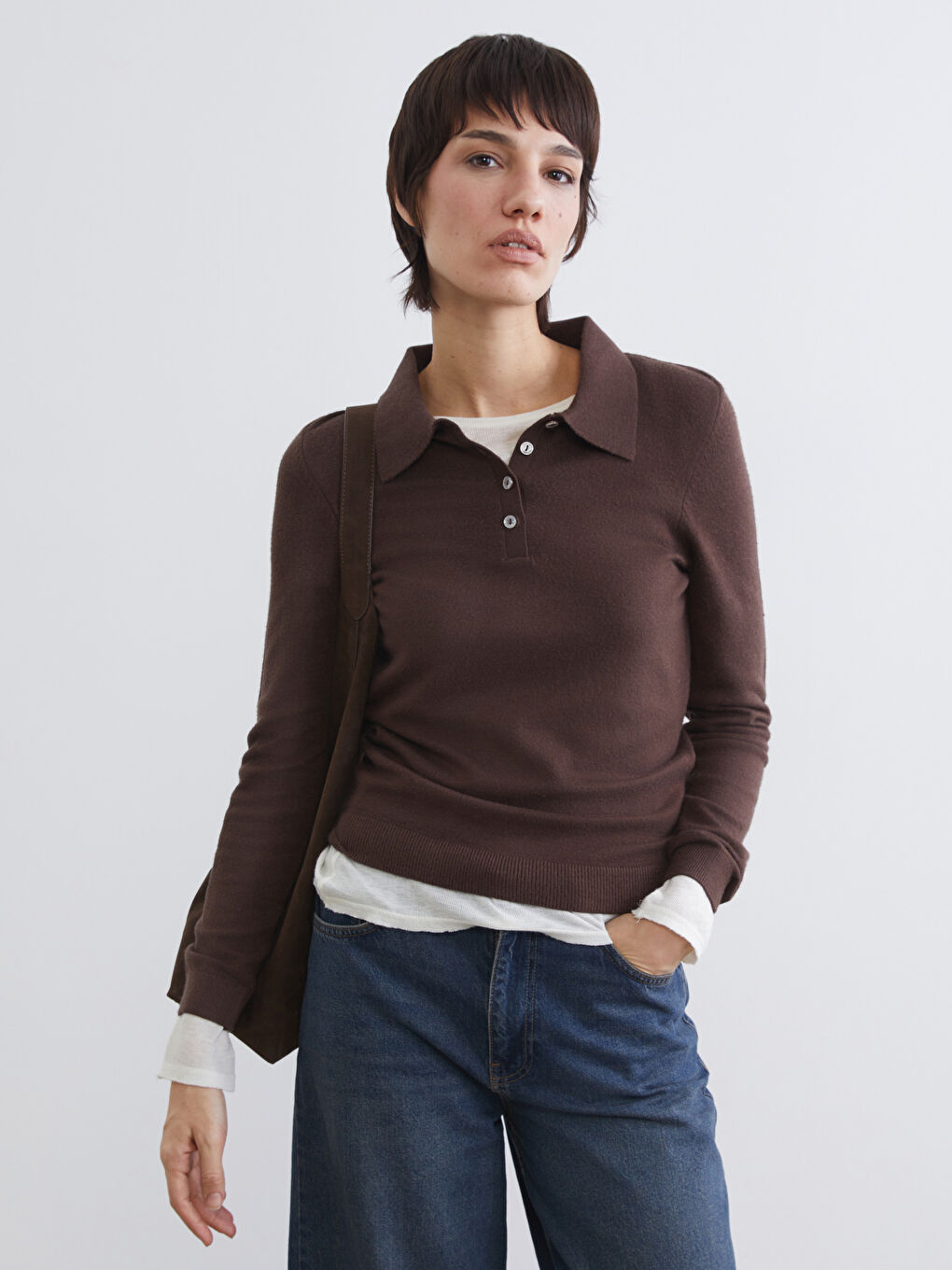 Kahverengi Polo Yaka Kadın Triko Kazak