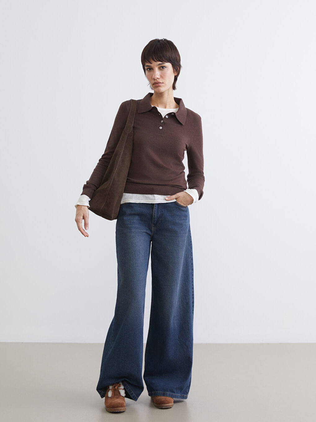 Kahverengi Polo Yaka Kadın Triko Kazak-1