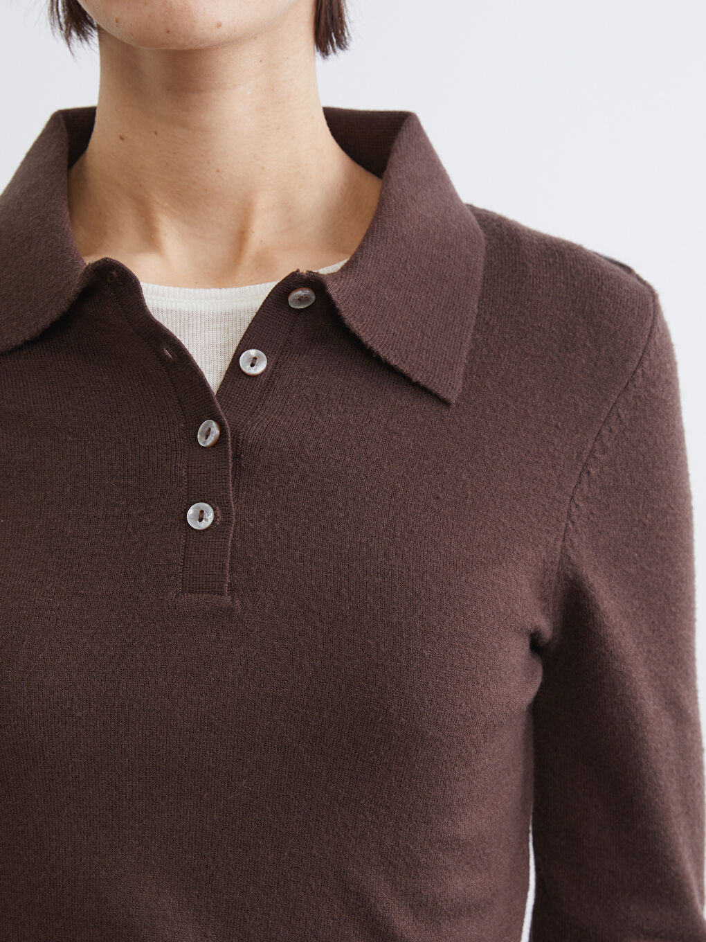 Kahverengi Polo Yaka Kadın Triko Kazak-2