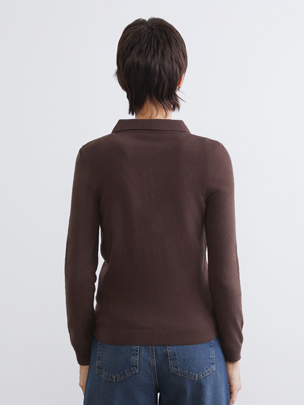 Kahverengi Polo Yaka Kadın Triko Kazak-3