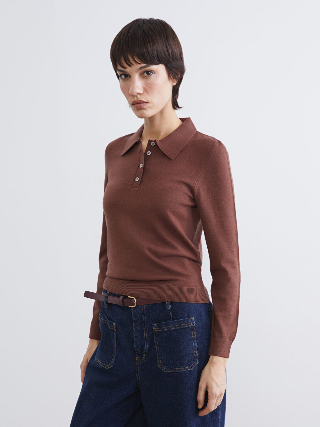 Kahverengi Polo Yaka Kadın Triko Kazak