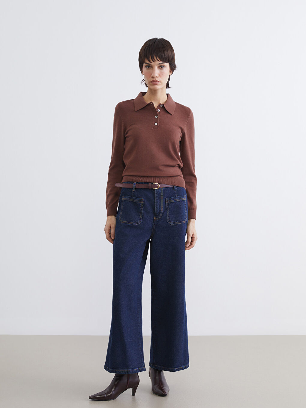 Kahverengi Polo Yaka Kadın Triko Kazak-1