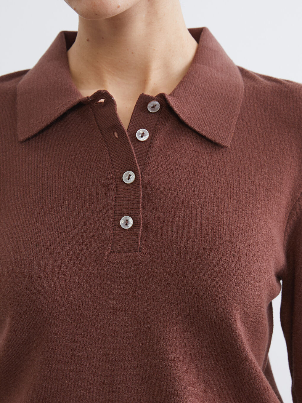 Kahverengi Polo Yaka Kadın Triko Kazak-2