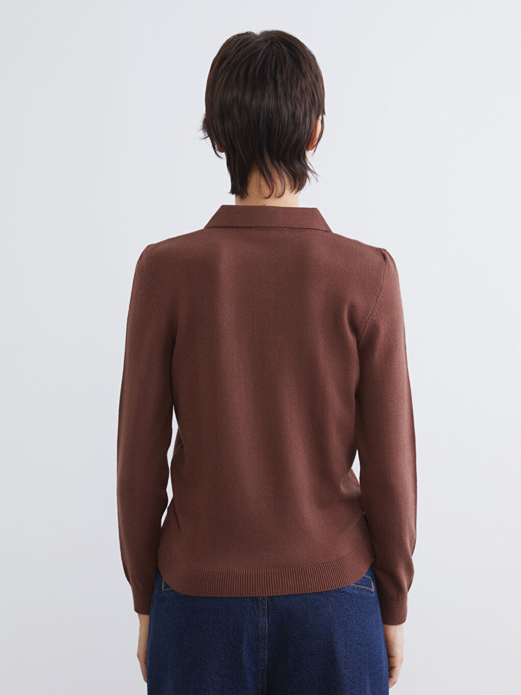 Kahverengi Polo Yaka Kadın Triko Kazak-3