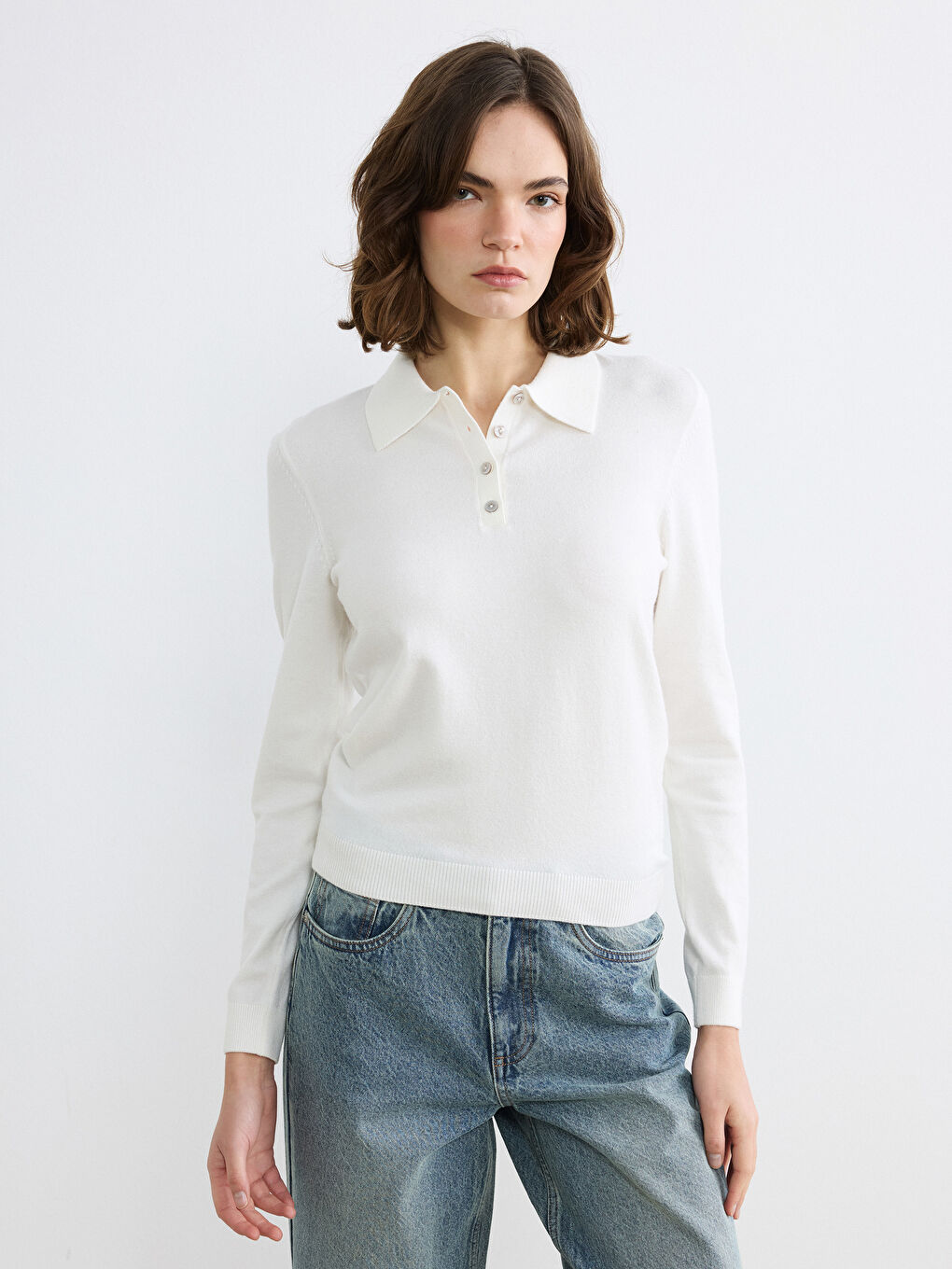 Ekru Polo Yaka Kadın Triko Kazak