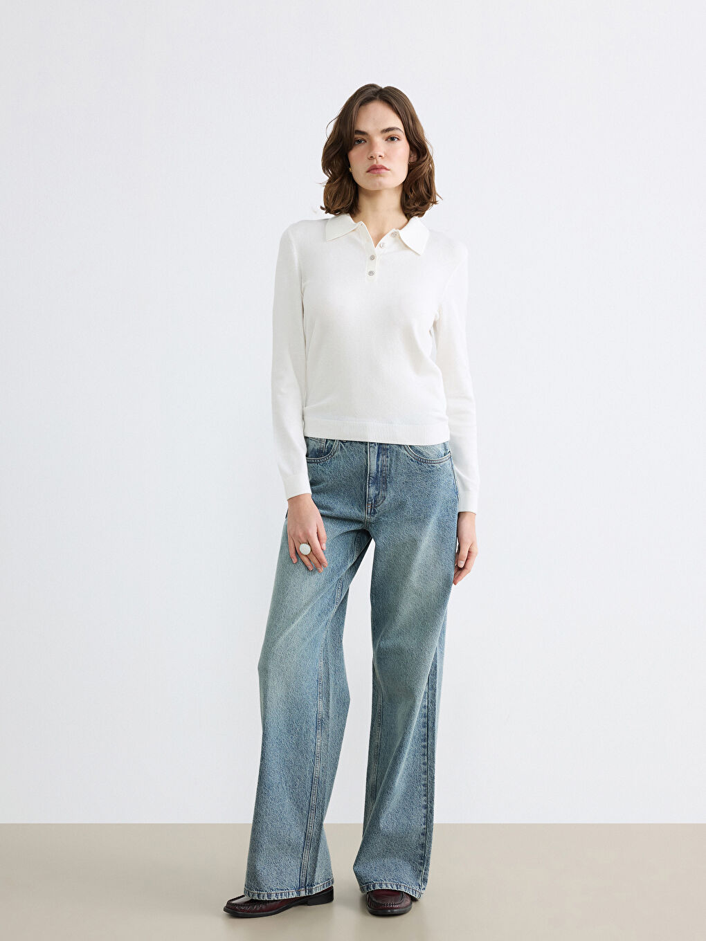 Ekru Polo Yaka Kadın Triko Kazak-1