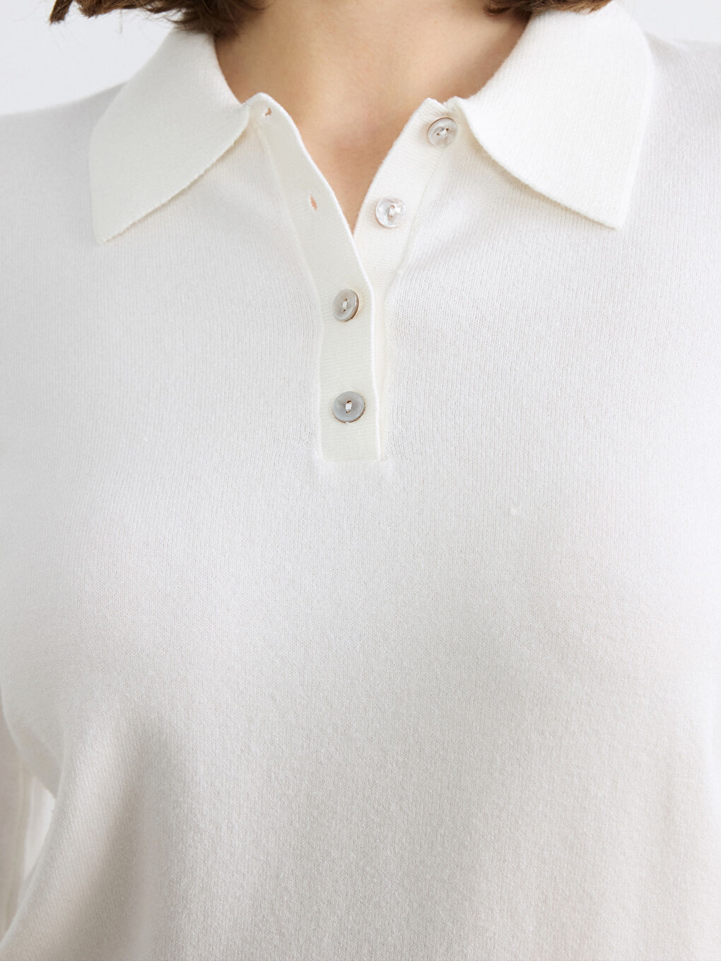 Ekru Polo Yaka Kadın Triko Kazak-2