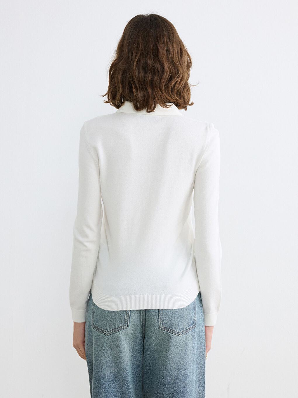 Ekru Polo Yaka Kadın Triko Kazak-3