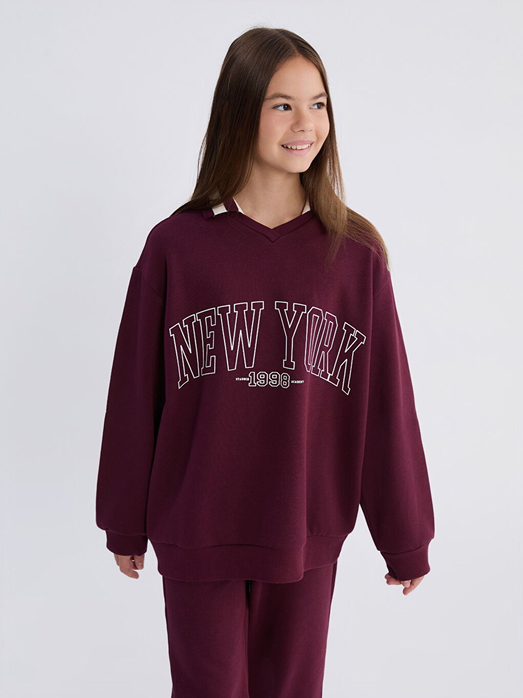 Bordo Polo Yaka New York Baskılı Kız Çocuk Sweatshirt ve Eşofman Alt