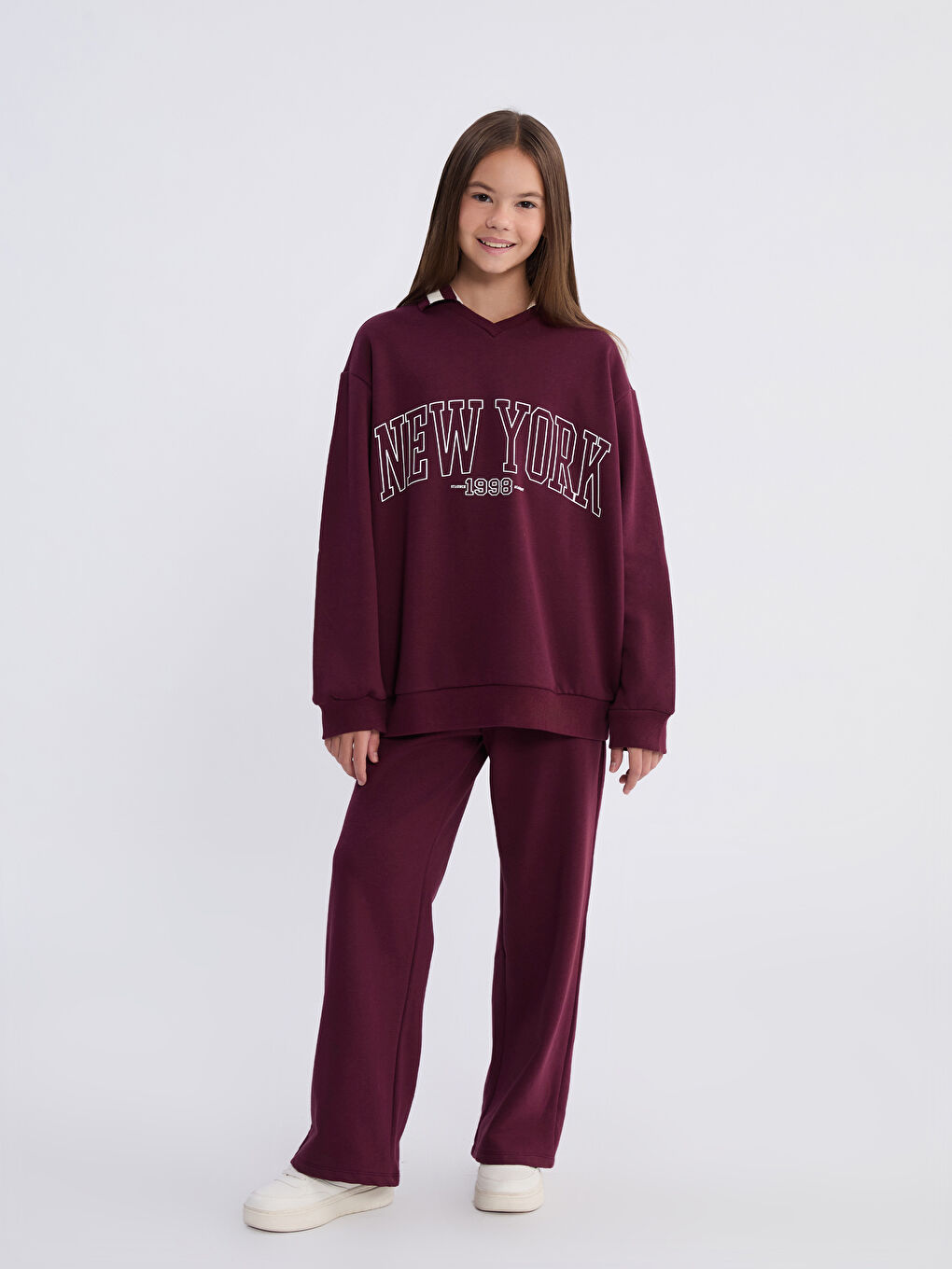 Bordo Polo Yaka New York Baskılı Kız Çocuk Sweatshirt ve Eşofman Alt-1
