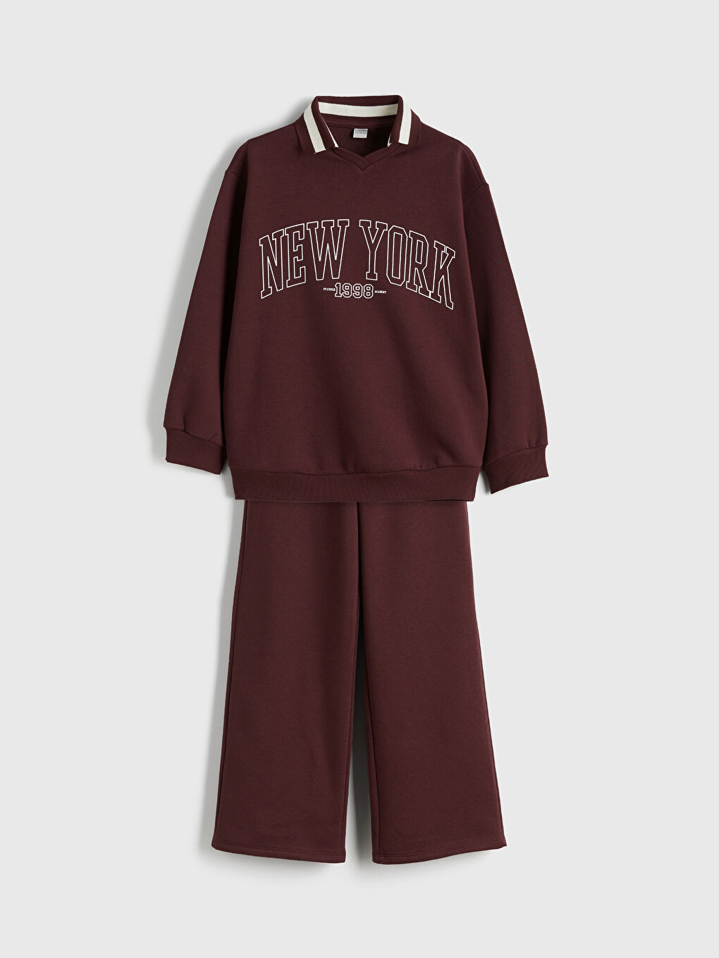 Bordo Polo Yaka New York Baskılı Kız Çocuk Sweatshirt ve Eşofman Alt-2