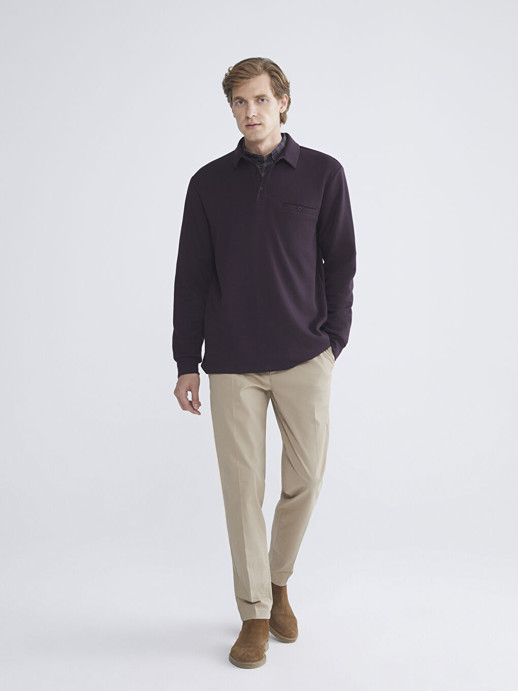 Mürdüm Polo Yaka Uzun Kollu Erkek Tişört-1