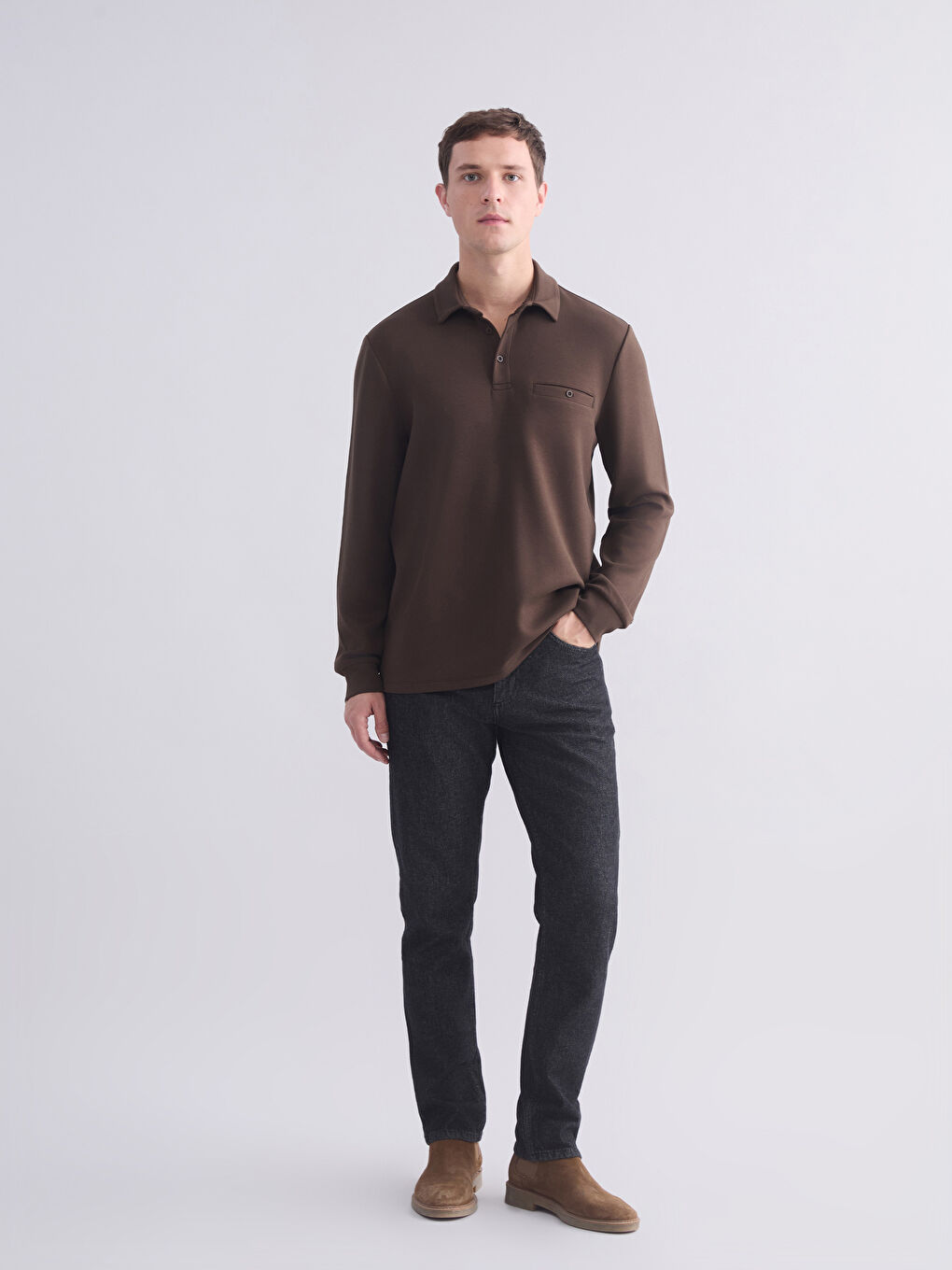Kahverengi Polo Yaka Uzun Kollu Erkek Tişört-1