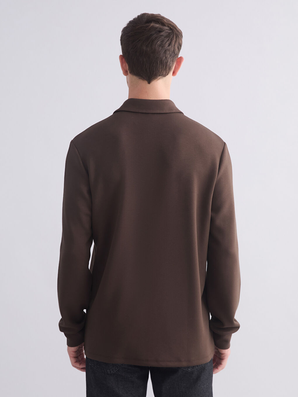 Kahverengi Polo Yaka Uzun Kollu Erkek Tişört-3