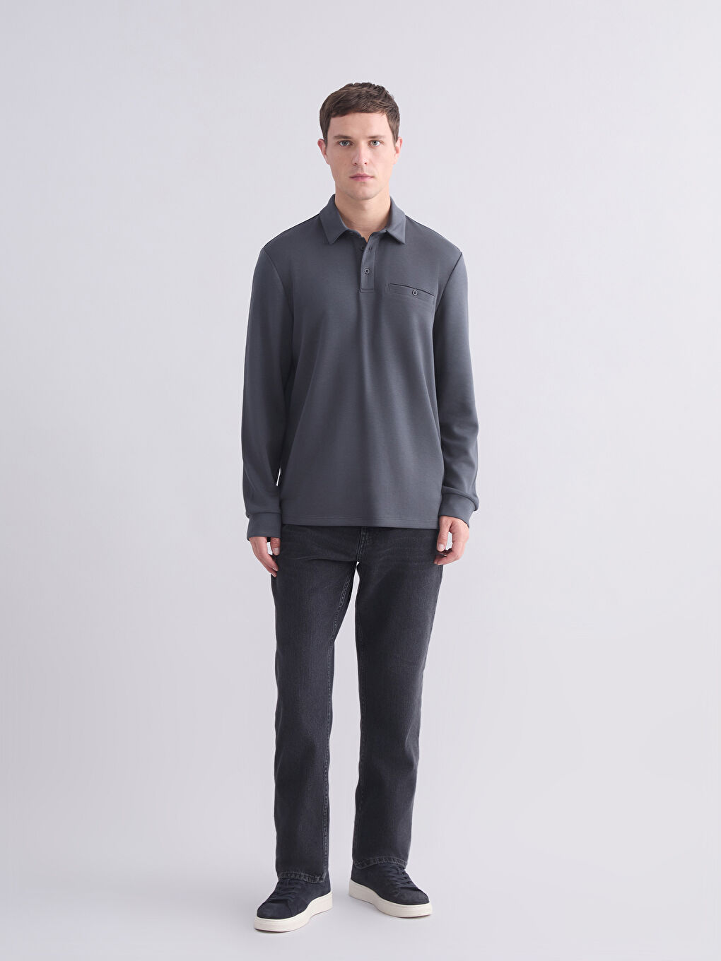 Antrasit Polo Yaka Uzun Kollu Erkek Tişört-1