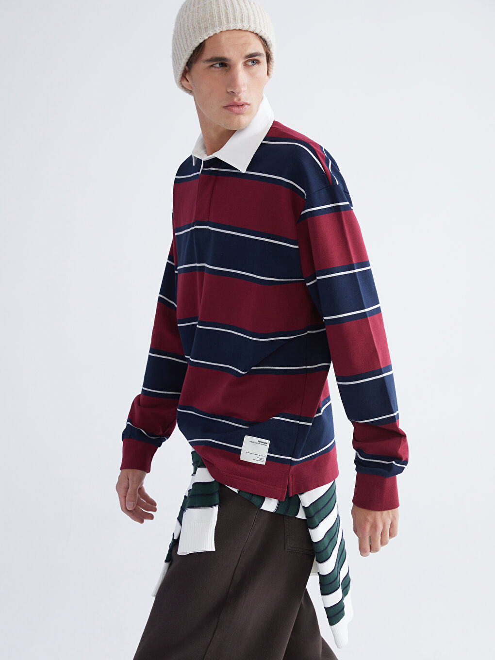 Bordo Polo Yaka Çizgili Erkek Sweatshirt