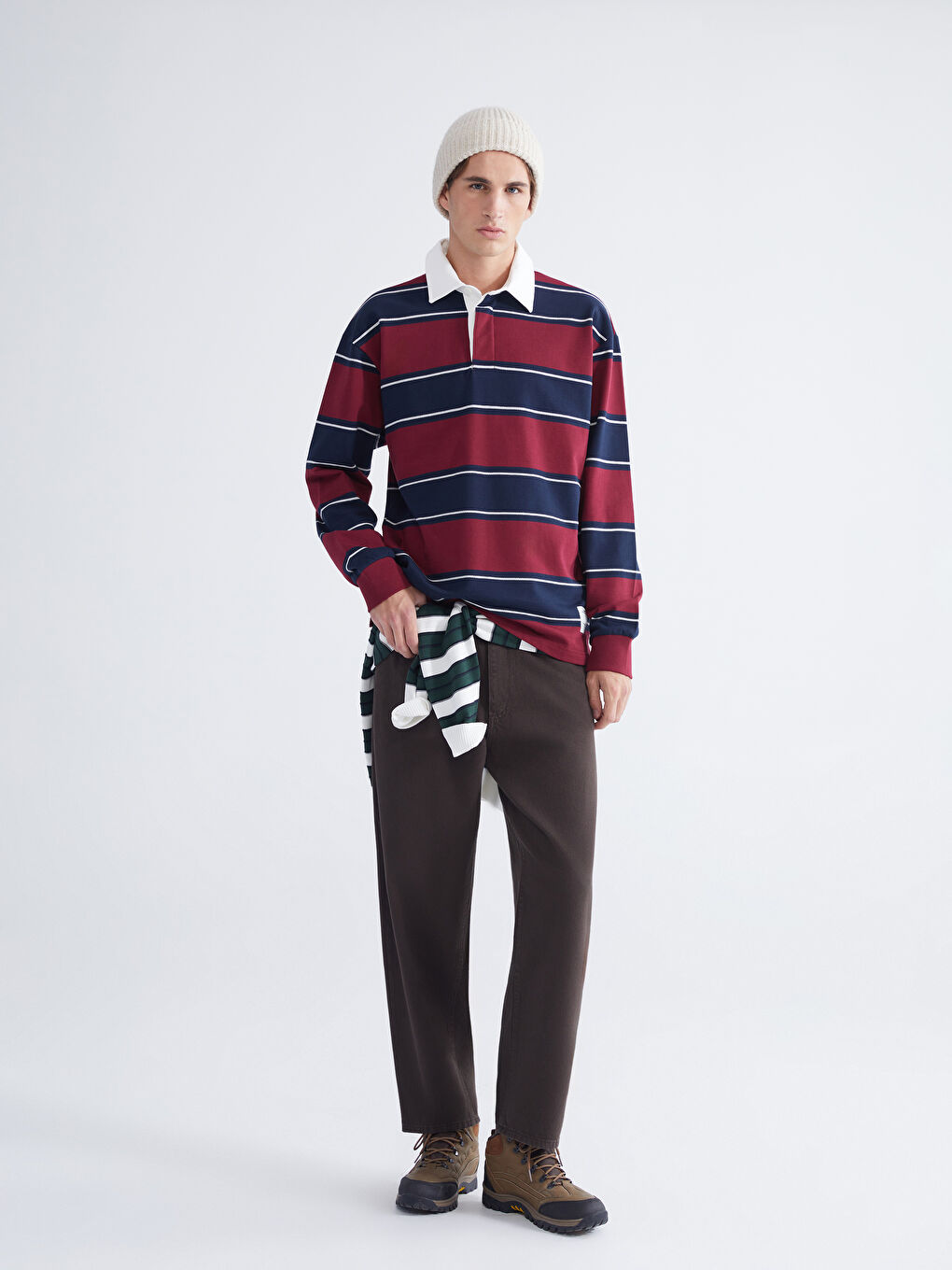 Bordo Polo Yaka Çizgili Erkek Sweatshirt-1