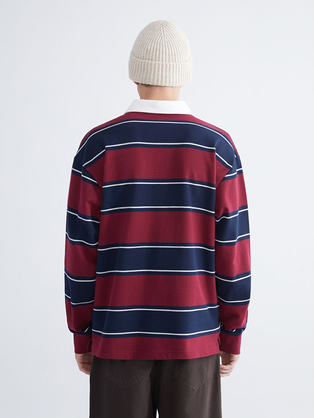 Bordo Polo Yaka Çizgili Erkek Sweatshirt-3