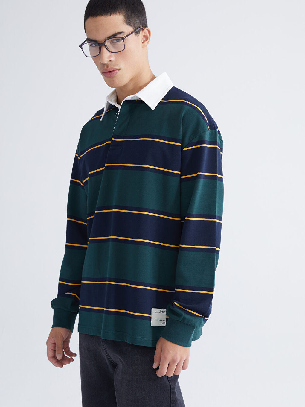 Yeşil Polo Yaka Çizgili Erkek Sweatshirt