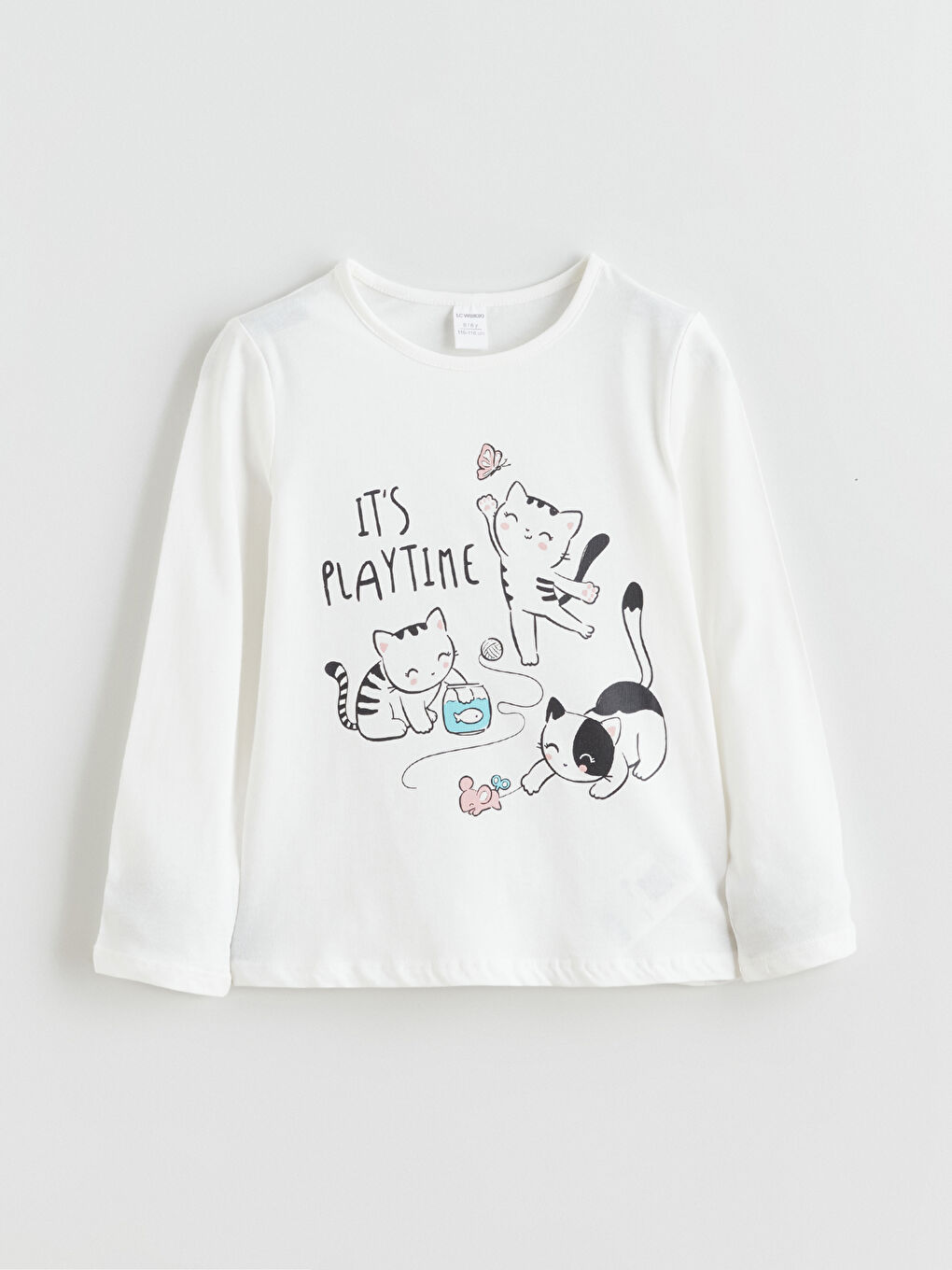 Ekru Sevimli Kedi Baskılı Kız Çocuk Tişört