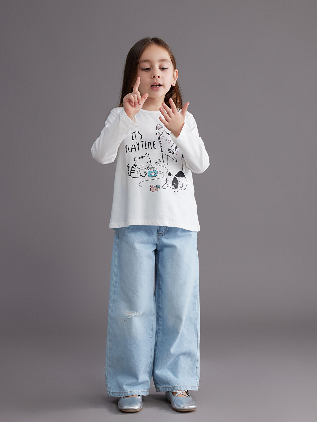 Lacivert Bisiklet Yaka Kız Çocuk Tişört 2'li-2