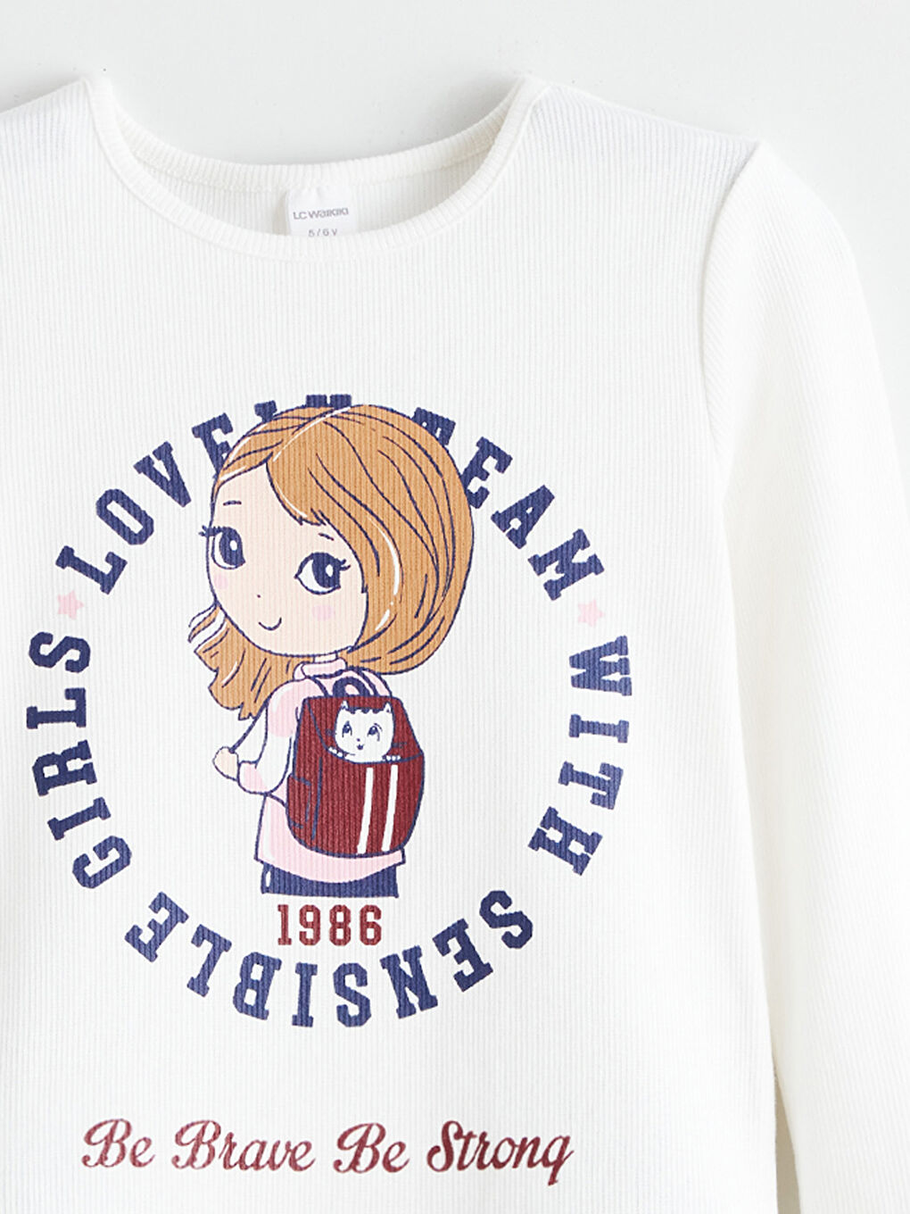 Ekru Bisiklet Yaka Anime Baskılı Kız Çocuk Tişört-2